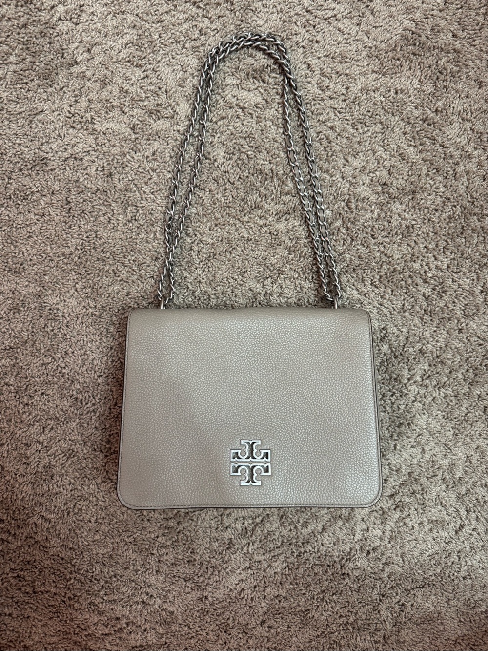 Tory Burch Pebbled Leather Shoulder Bag in Taupe Gray with Silver Logo